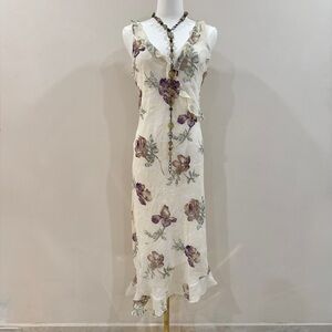 Vintage Y2K Floral Ruffle Asymmetric Hem Midi Dress Size L Romantic Fairycore